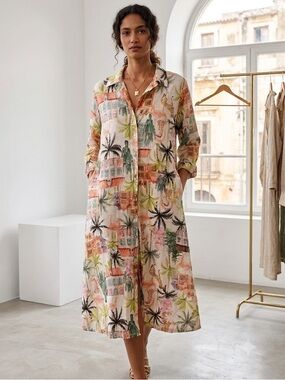 Spighe Di Lino Italy Linen Cotton Tropical Midi Shirt Dress Size XL Resortwear